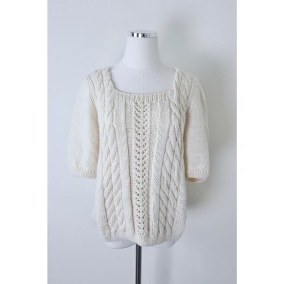 Handmade Cottagecore Short Sleeve Sweater Top Square Neck Cream Cable Knit - Picture 2 of 12